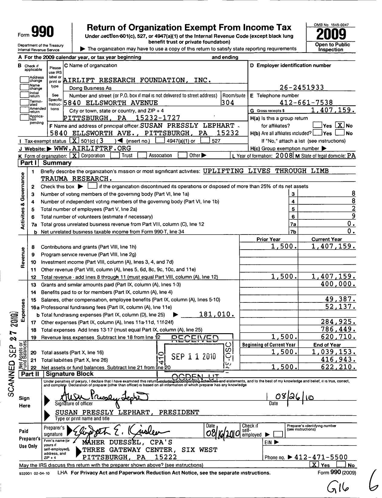 Image of first page of 2009 Form 990 for Airlift Research Foundation