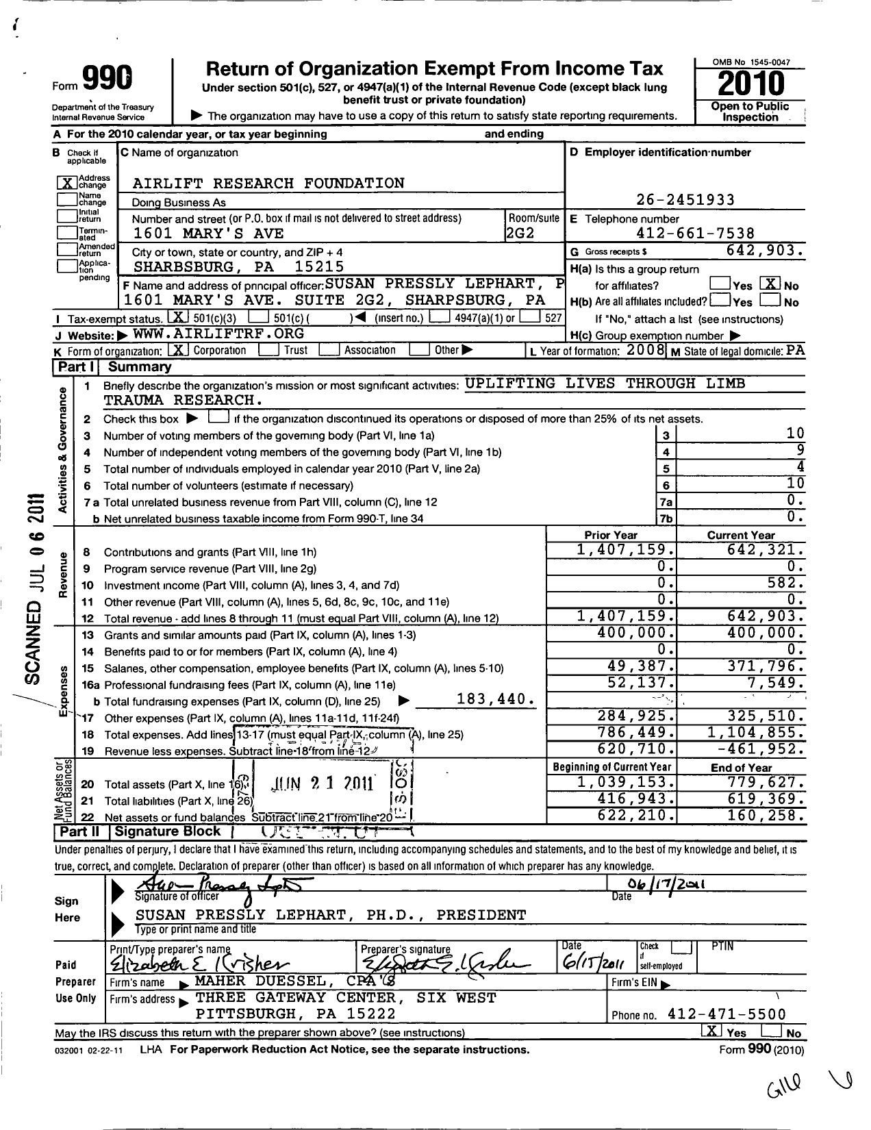 Image of first page of 2010 Form 990 for Airlift Research Foundation