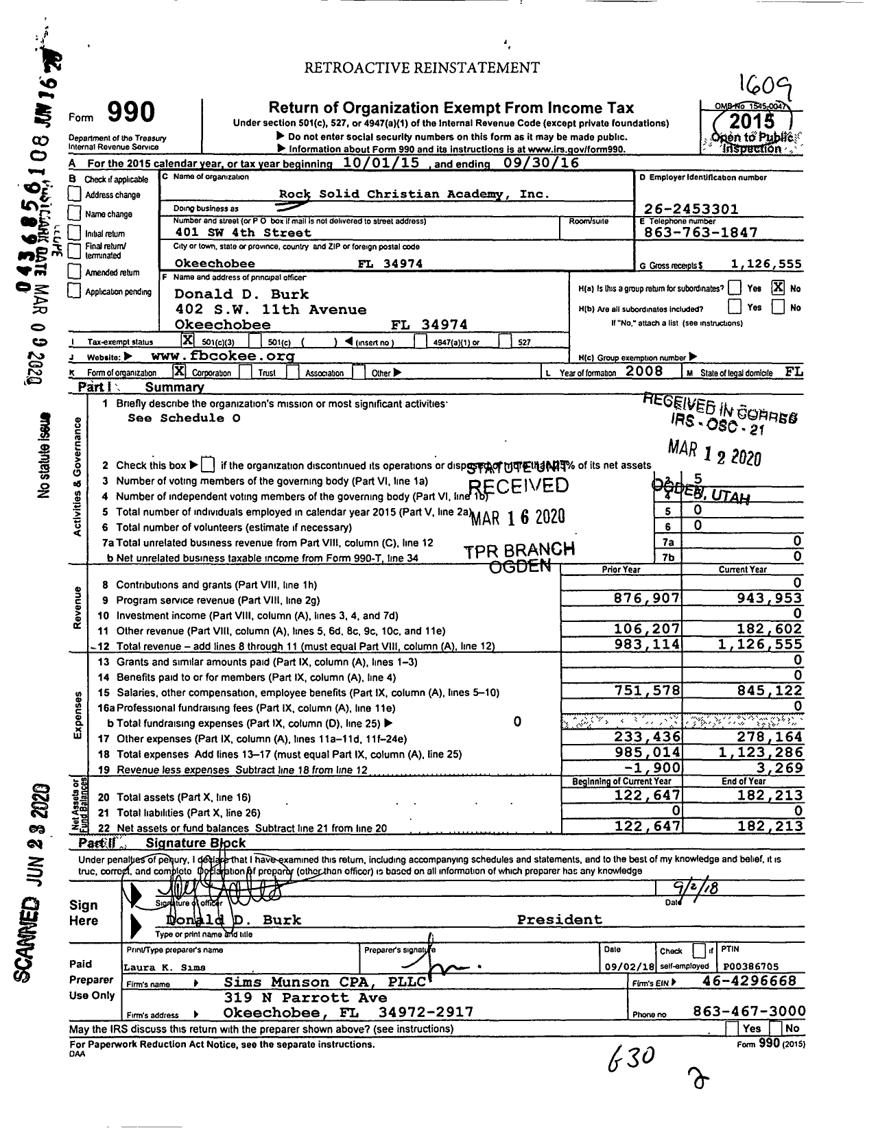 Image of first page of 2015 Form 990A for Rock Solid Christian Academy