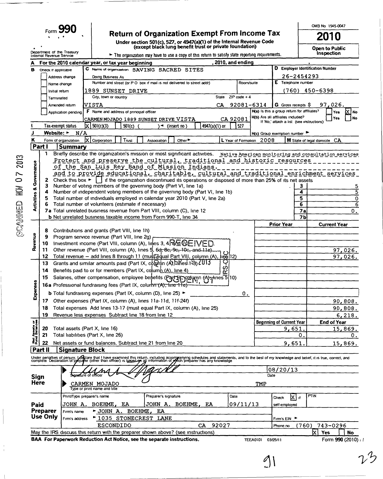 Image of first page of 2010 Form 990 for Saving Sacred Sites