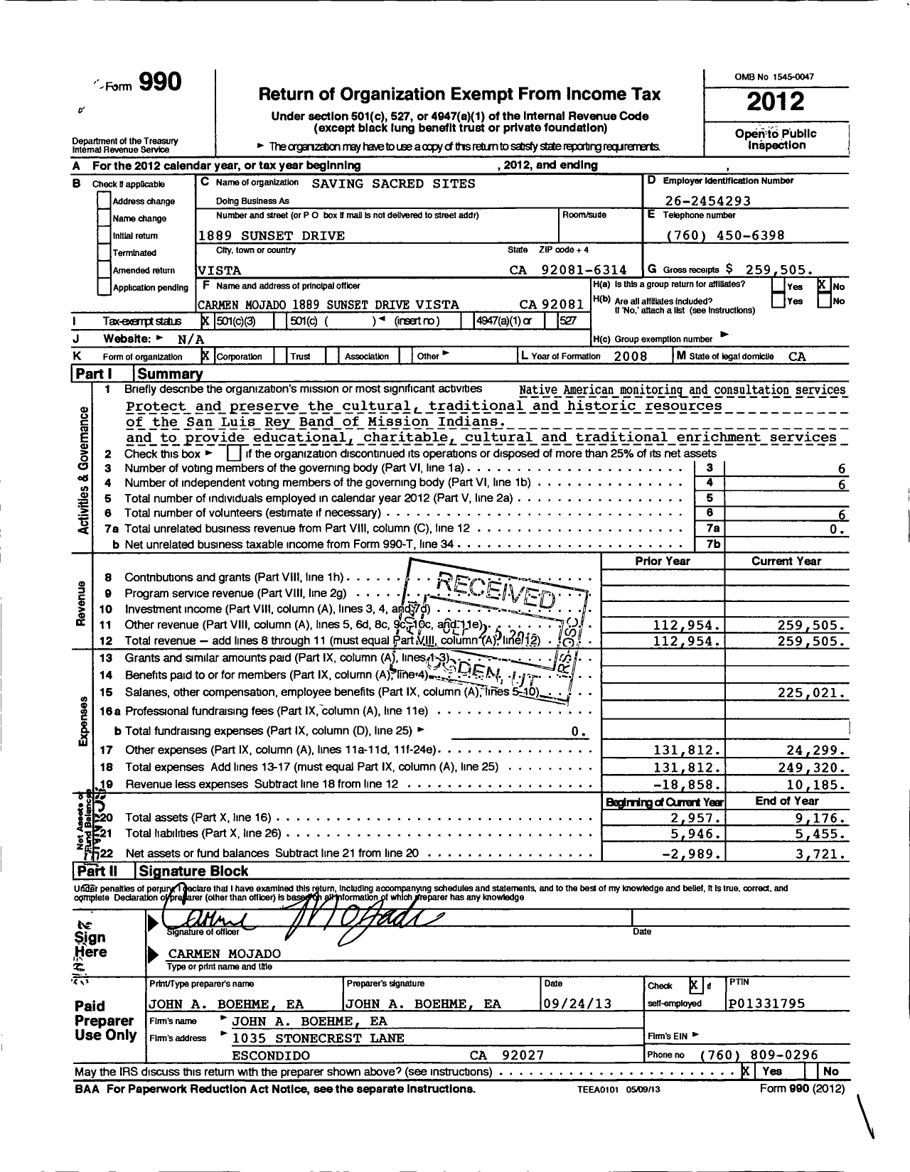 Image of first page of 2012 Form 990 for Saving Sacred Sites