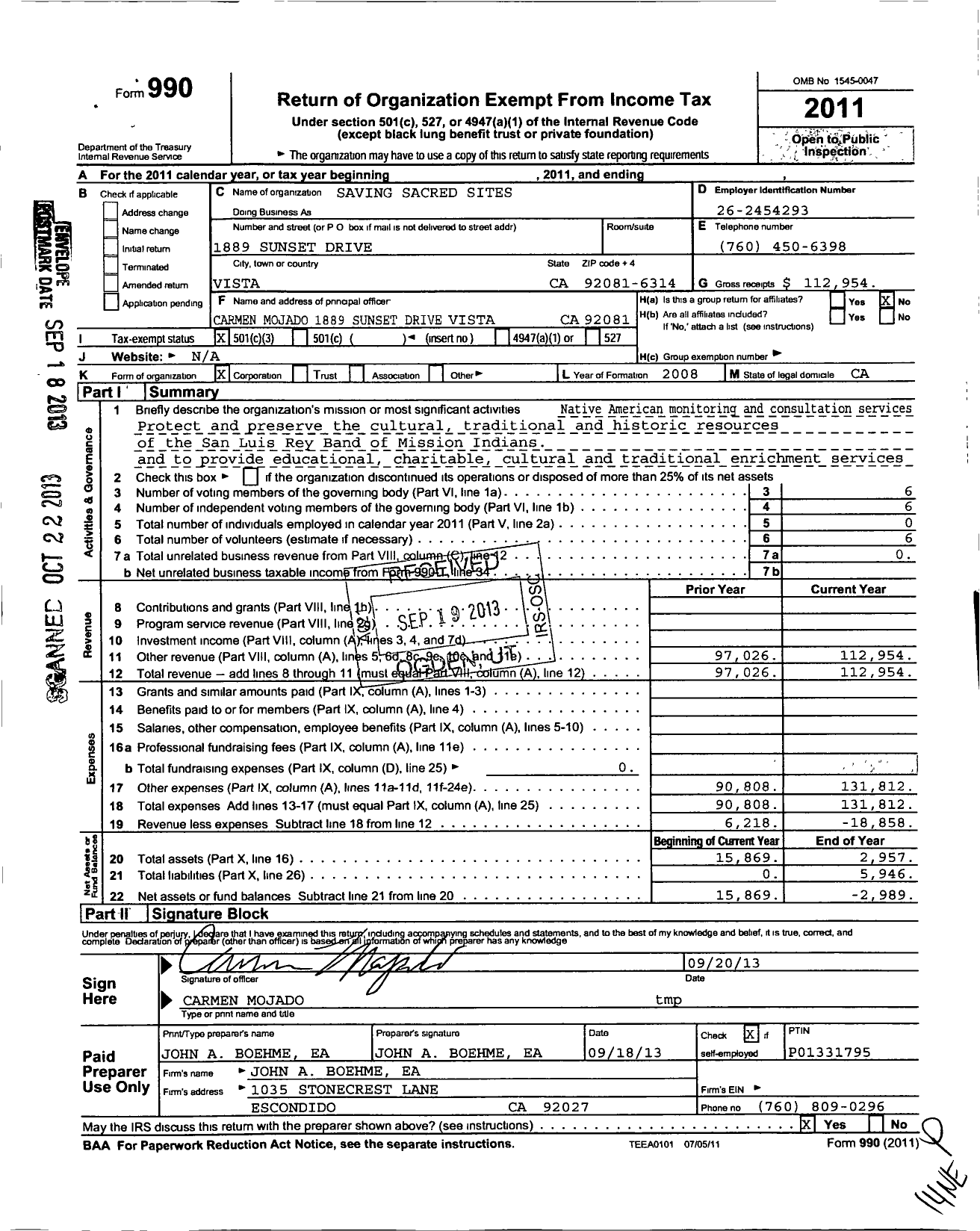 Image of first page of 2011 Form 990 for Saving Sacred Sites