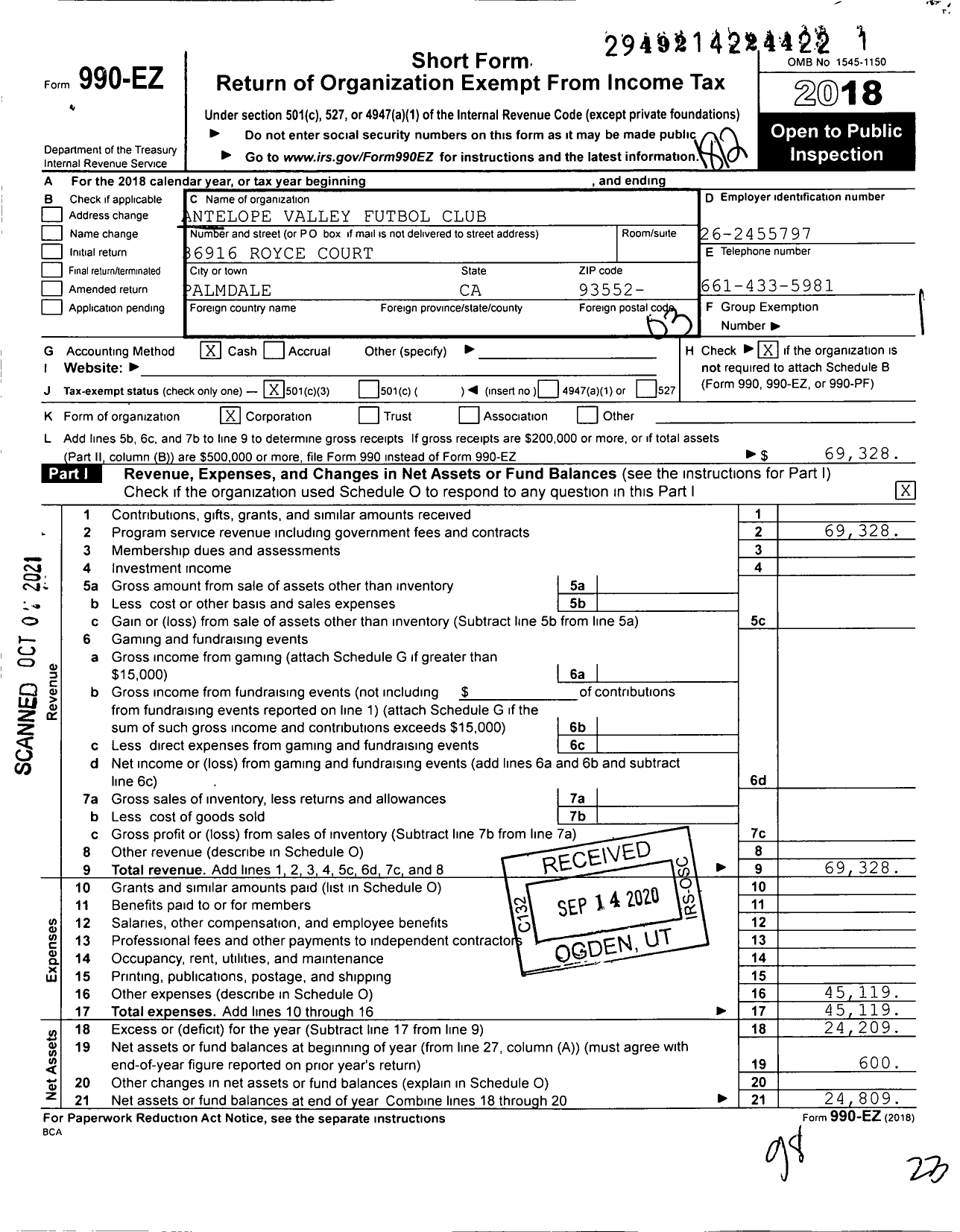 Image of first page of 2018 Form 990EZ for Antelope Valley Futbol Club