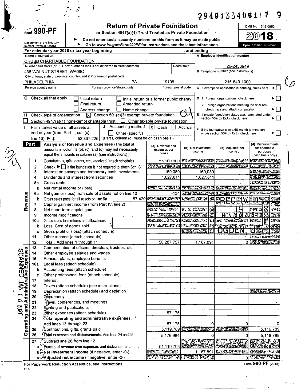 Image of first page of 2018 Form 990PF for Chubb Charitable Foundation