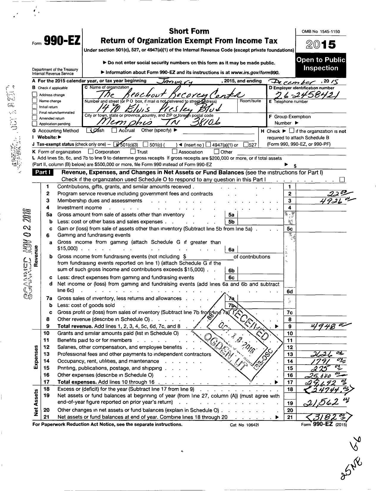 Image of first page of 2015 Form 990EZ for The Reachout Recovery Center