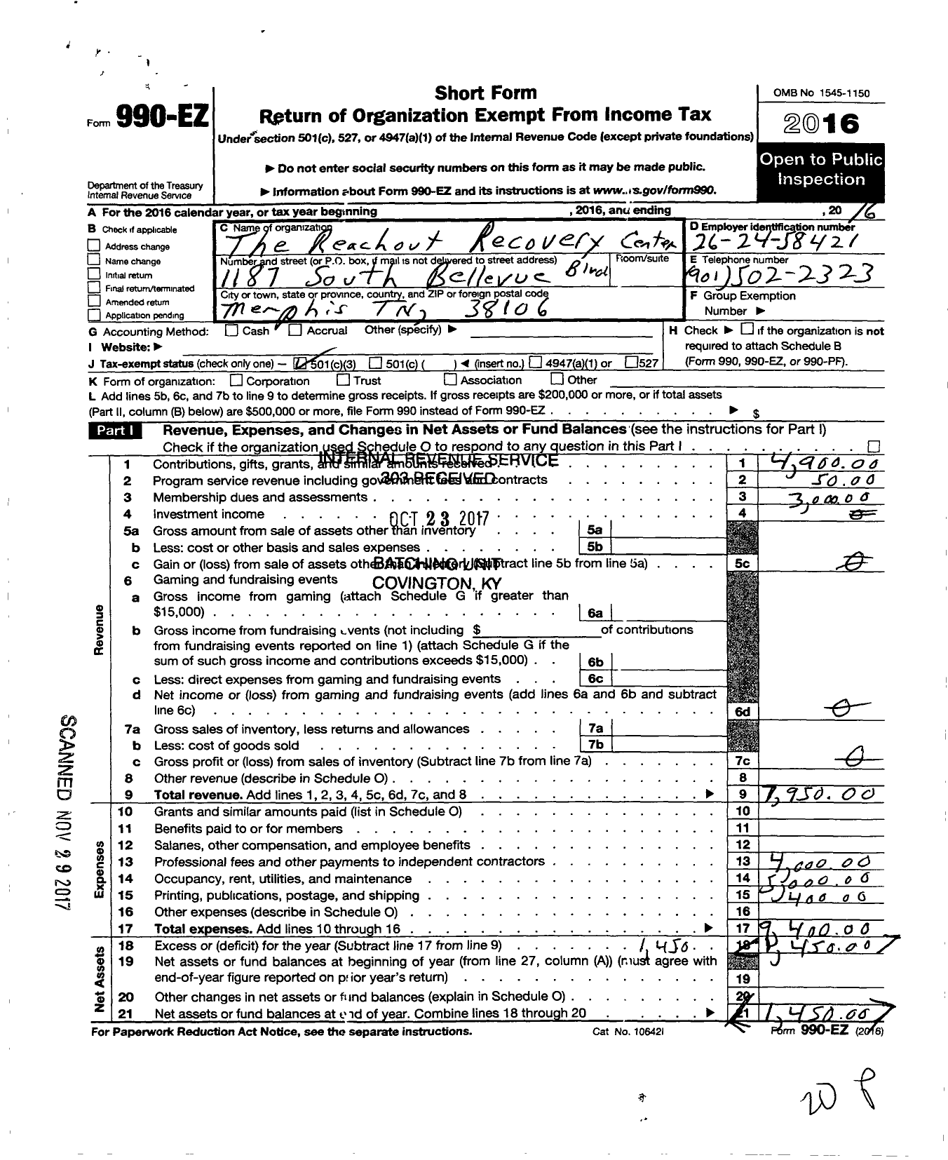 Image of first page of 2016 Form 990EZ for The Reachout Recovery Center