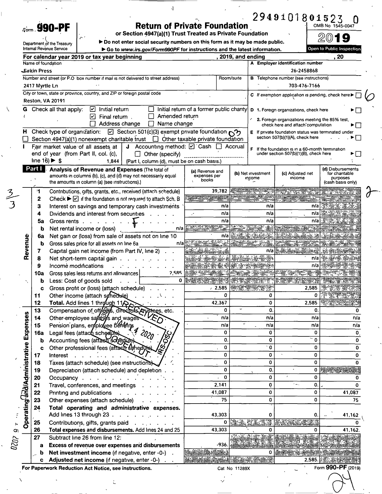 Image of first page of 2019 Form 990PR for Firkin Press