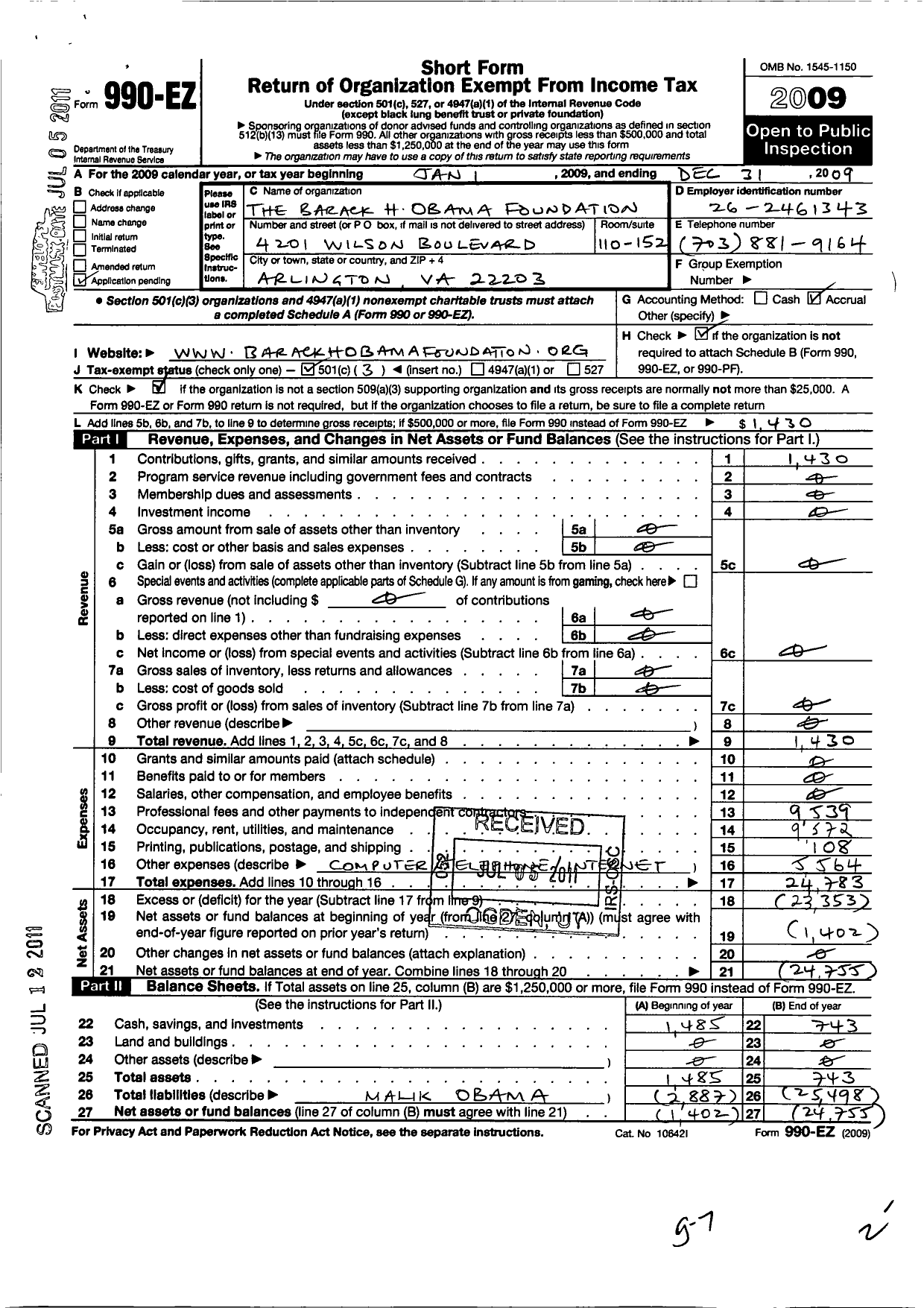 Image of first page of 2009 Form 990EZ for Barack H Obama Foundation