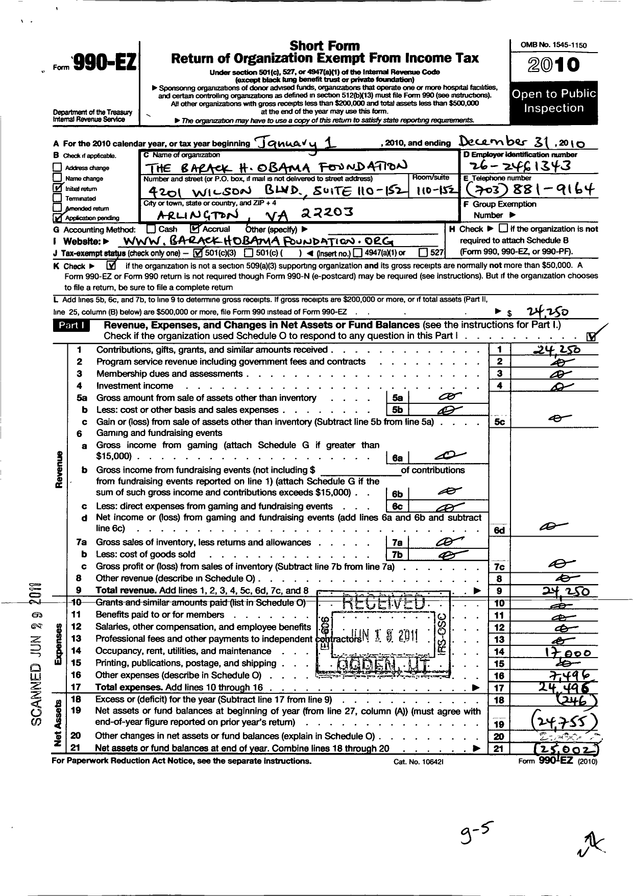 Image of first page of 2010 Form 990EZ for Barack H Obama Foundation