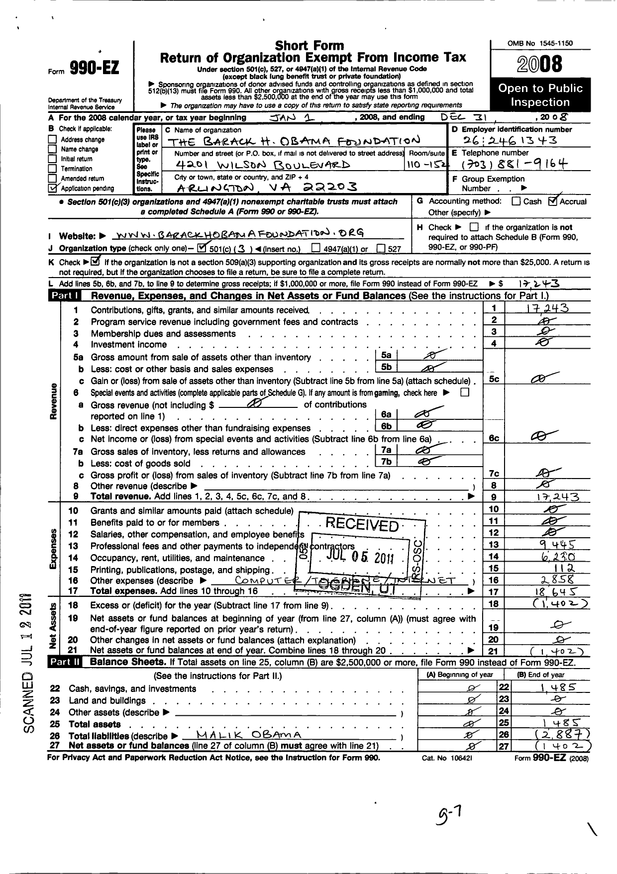 Image of first page of 2008 Form 990EZ for Barack H Obama Foundation