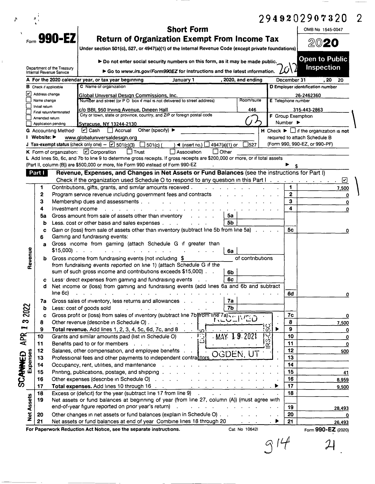 Image of first page of 2020 Form 990EZ for Global Universal Design Commission