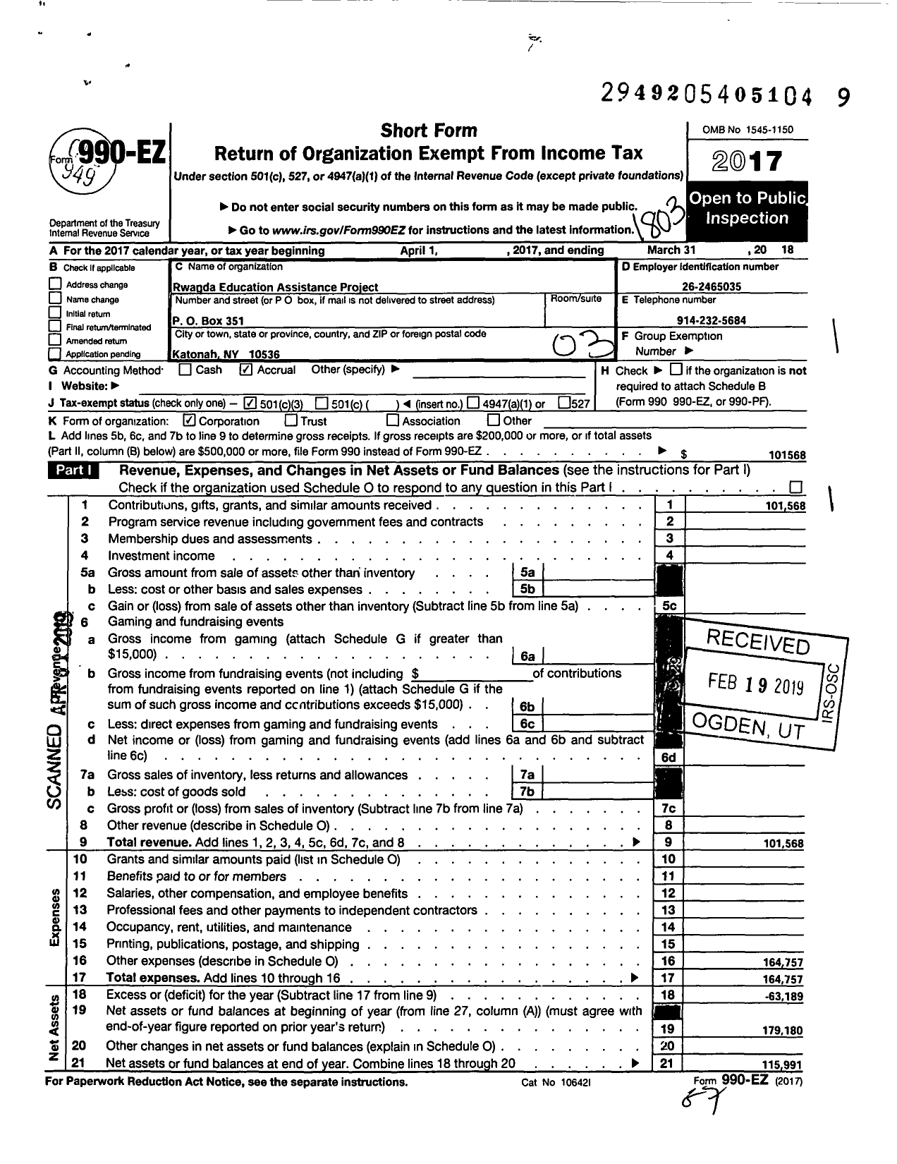 Image of first page of 2017 Form 990EZ for Rwanda Education Assistance Project