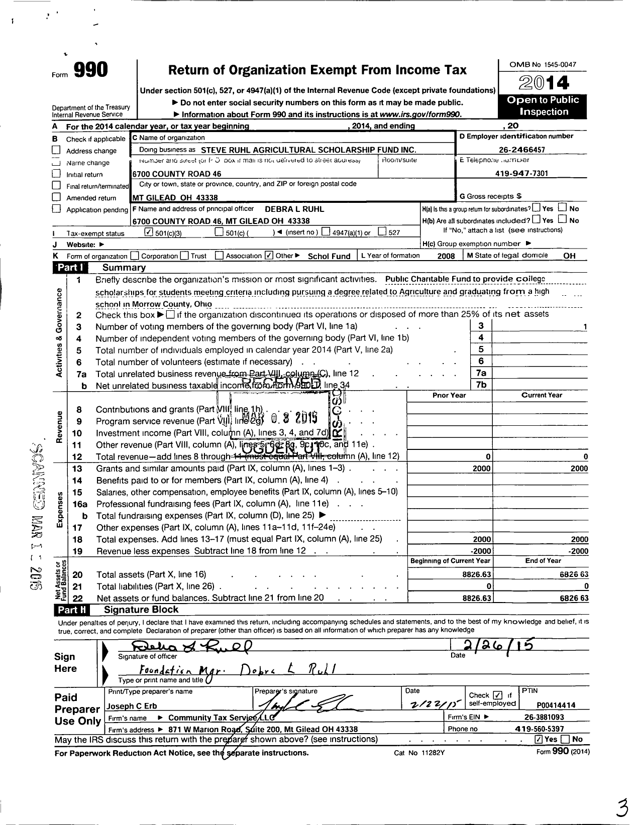 Image of first page of 2014 Form 990 for Steve Ruhl Agricultural Scholarship Fund