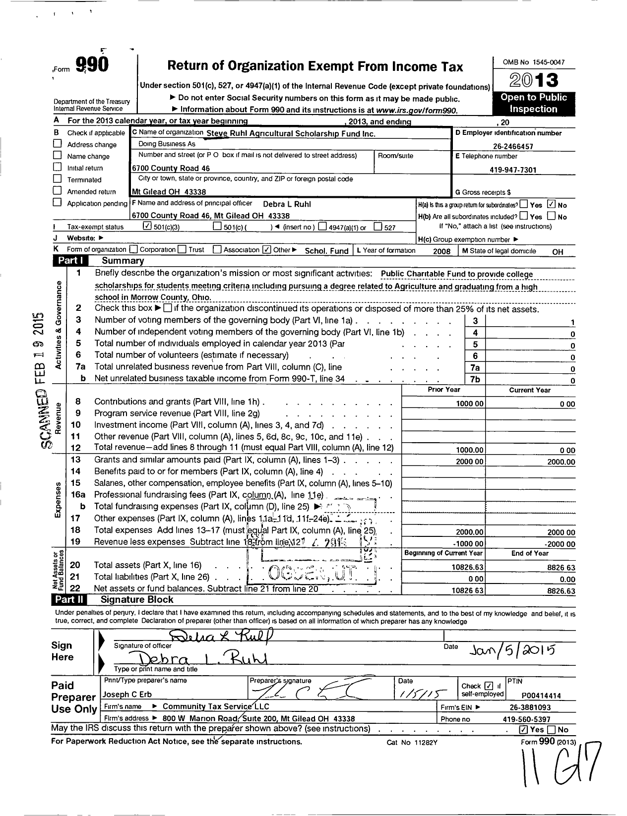 Image of first page of 2013 Form 990 for Steve Ruhl Agricultural Scholarship Fund