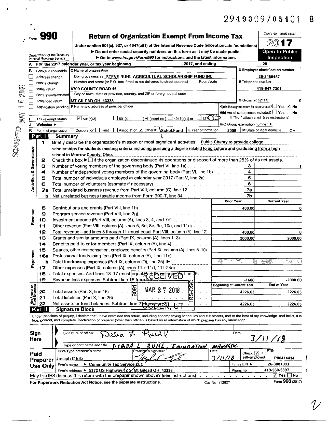 Image of first page of 2017 Form 990 for Steve Ruhl Agricultural Scholarship Fund