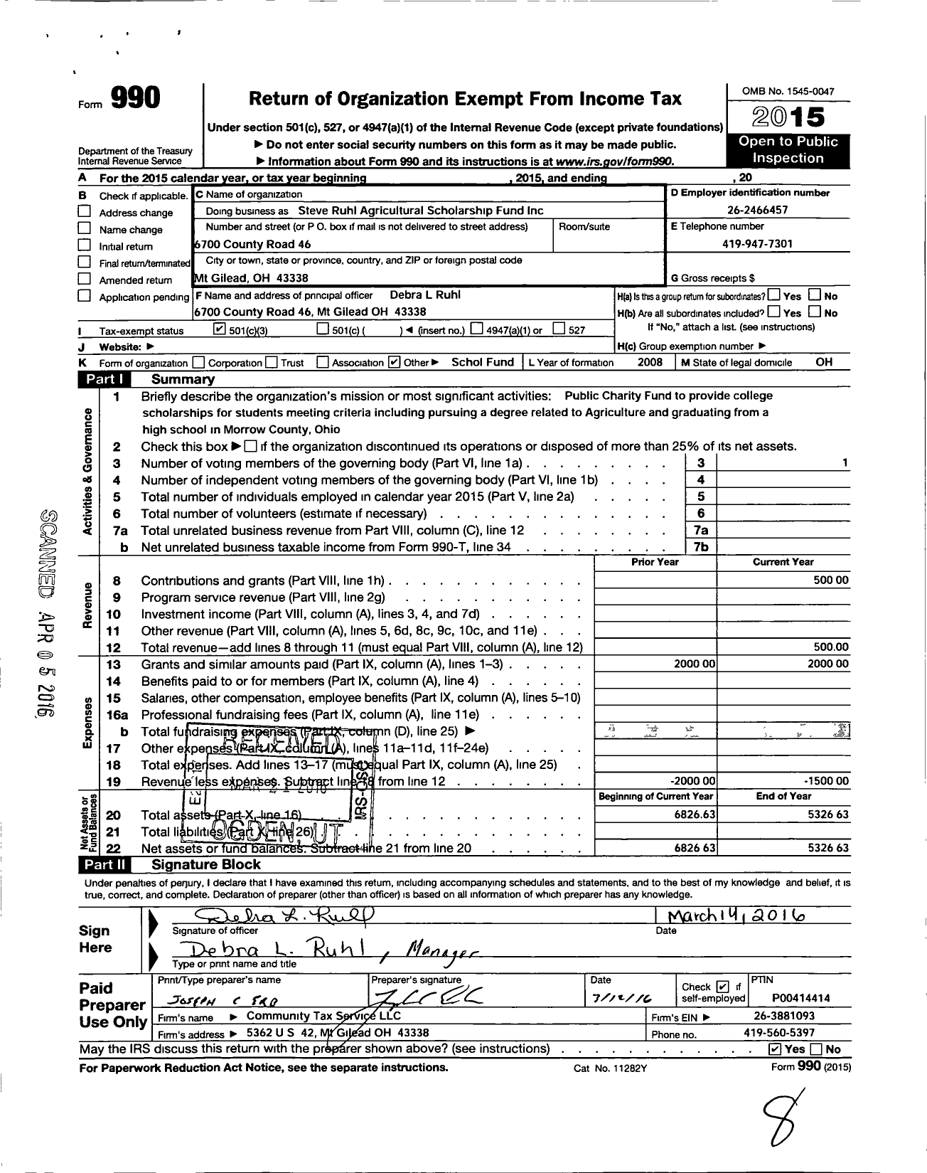 Image of first page of 2015 Form 990 for Steve Ruhl Agricultural Scholarship Fund