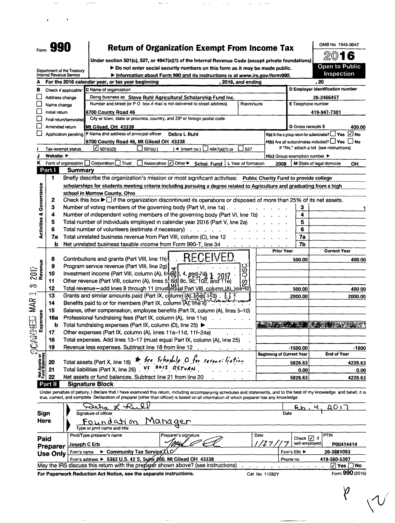 Image of first page of 2016 Form 990 for Steve Ruhl Agricultural Scholarship Fund