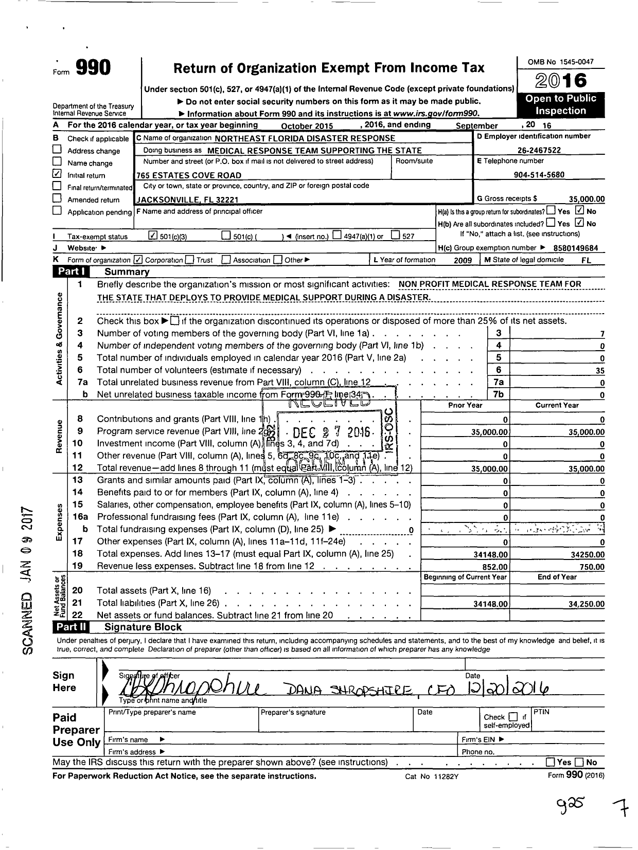 Image of first page of 2015 Form 990 for Northeast Florida Disaster Response