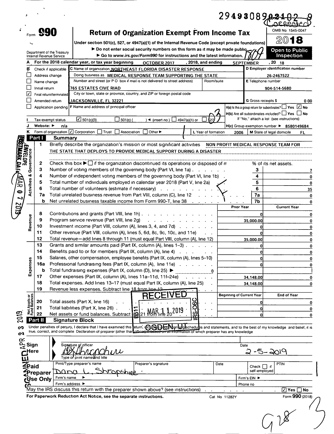 Image of first page of 2017 Form 990 for Northeast Florida Disaster Response