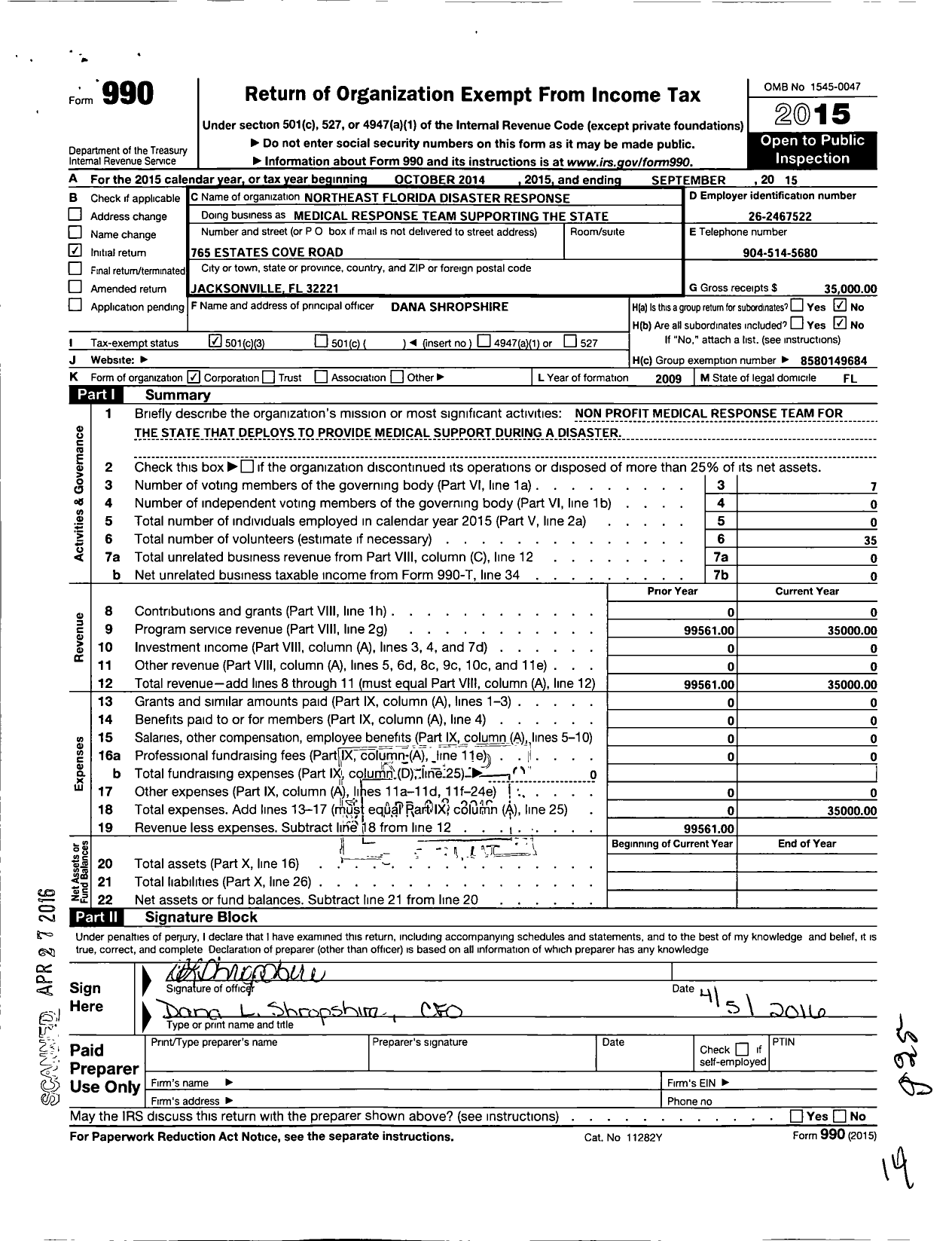 Image of first page of 2014 Form 990 for Northeast Florida Disaster Response