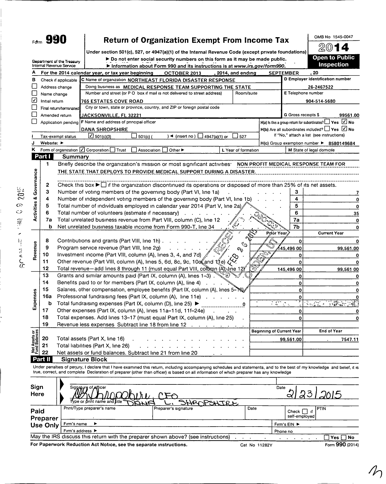 Image of first page of 2013 Form 990 for Northeast Florida Disaster Response