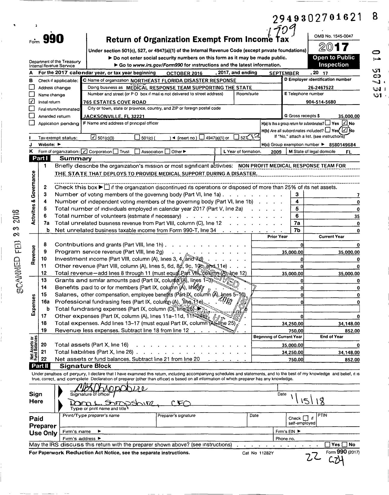 Image of first page of 2016 Form 990 for Northeast Florida Disaster Response