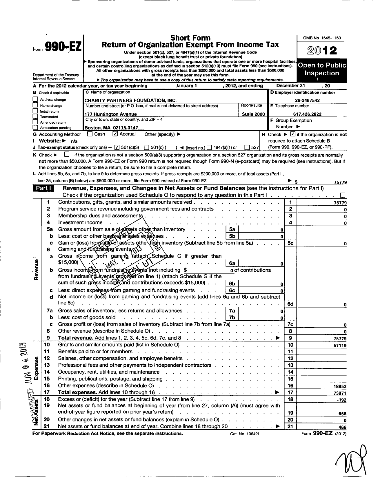 Image of first page of 2012 Form 990EZ for Charity Partners Foundation