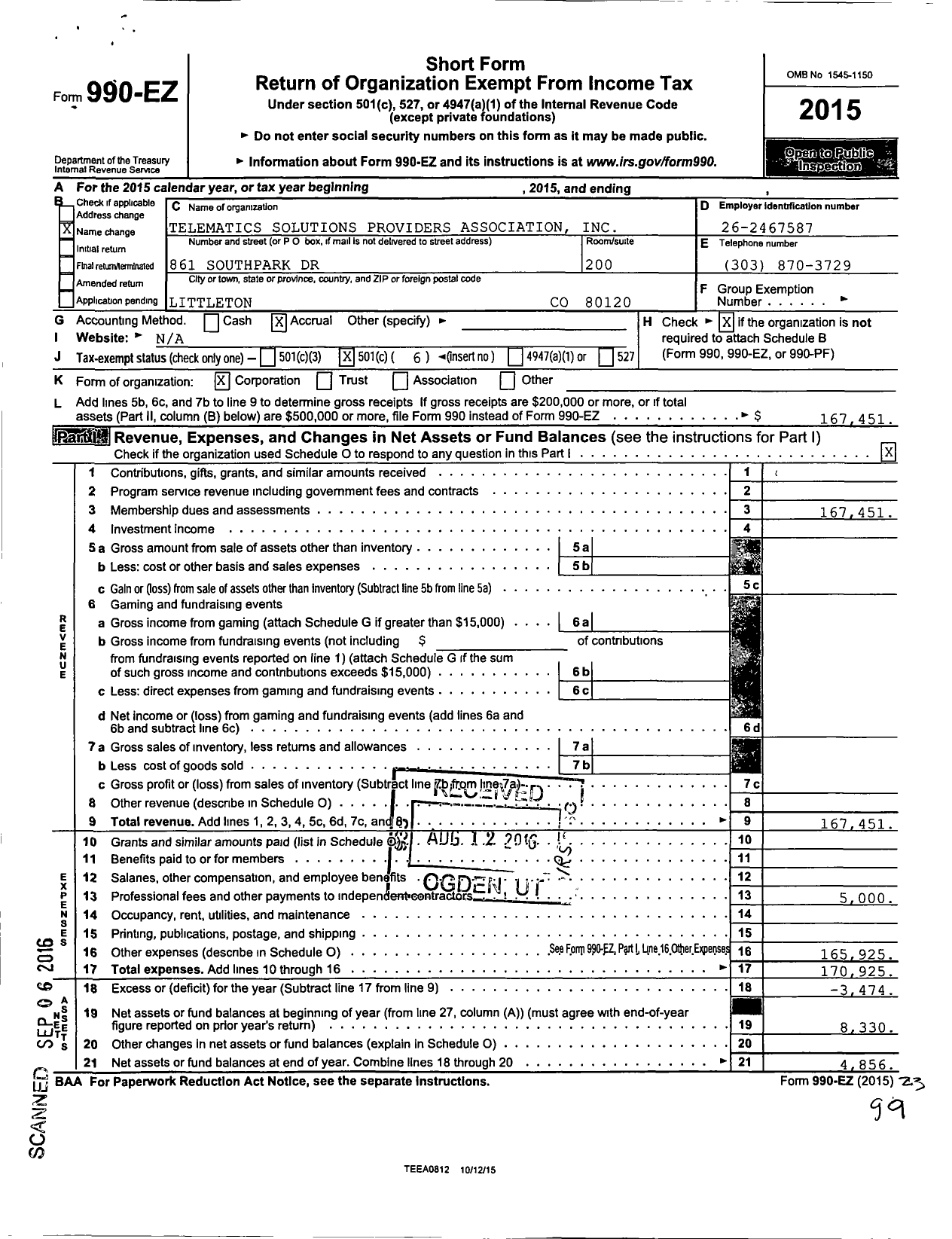 Image of first page of 2015 Form 990EO for Telematics Solutions Providers Association