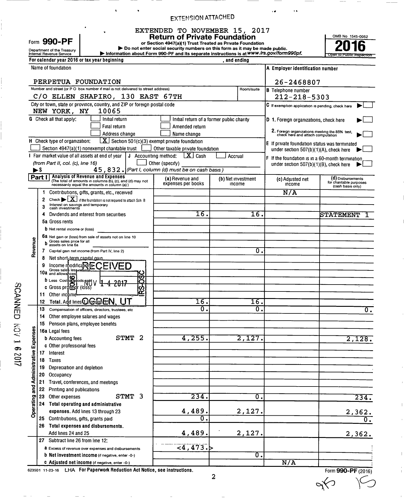 Image of first page of 2016 Form 990PF for Perpetua Foundation