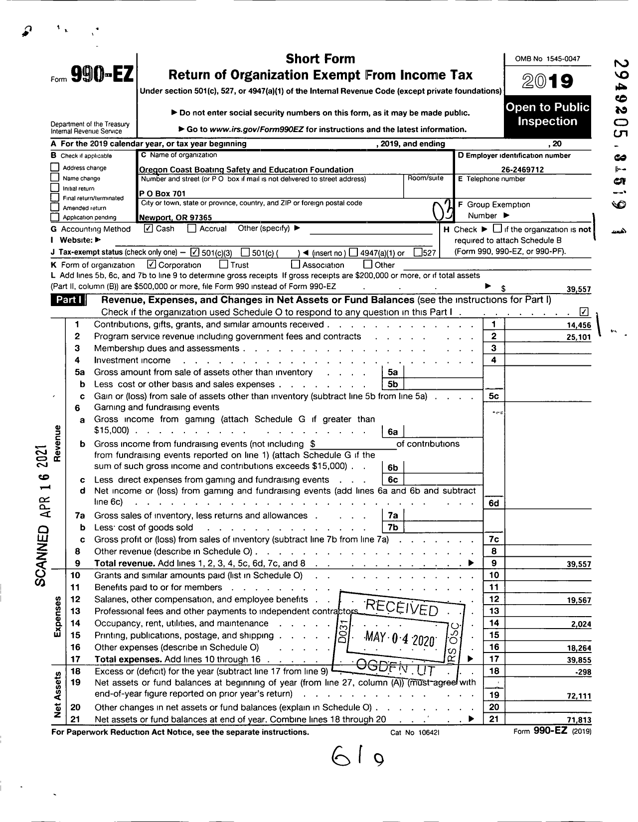 Image of first page of 2019 Form 990EZ for Oregon Boating Foundation