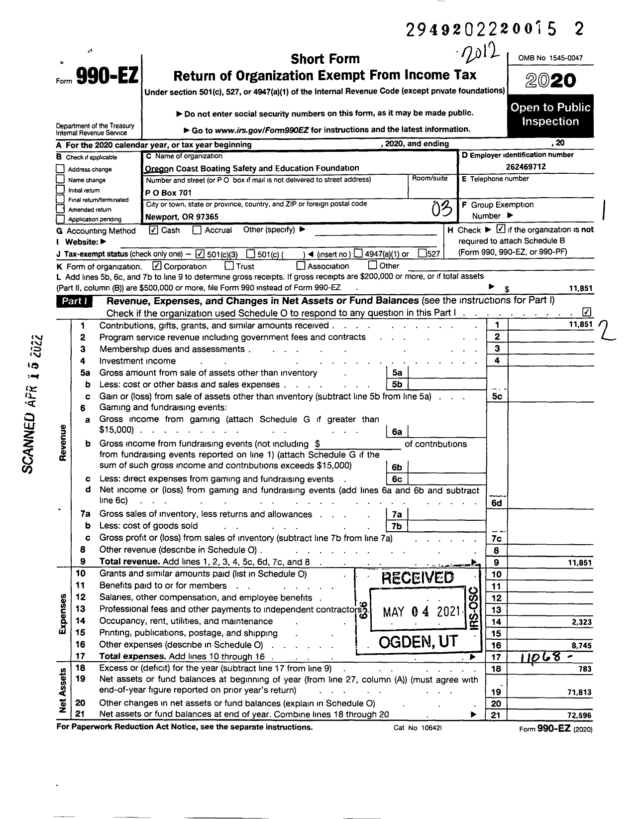 Image of first page of 2020 Form 990EZ for Oregon Boating Foundation