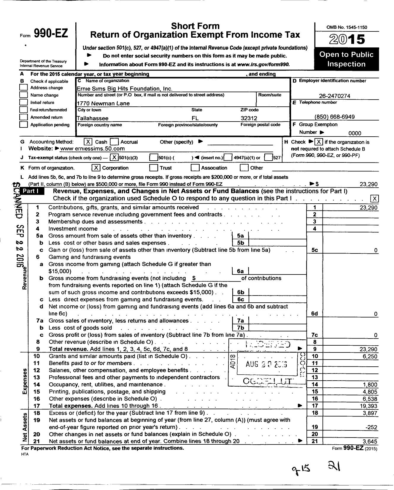 Image of first page of 2015 Form 990EZ for ERNIE SIMS Big Hits Foundation