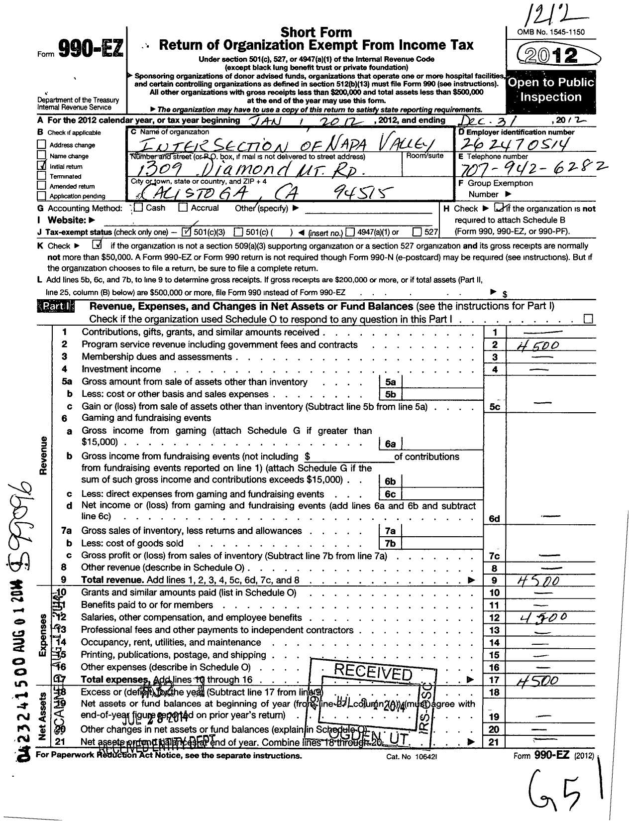 Image of first page of 2012 Form 990EZ for Intersection of Napa Valley