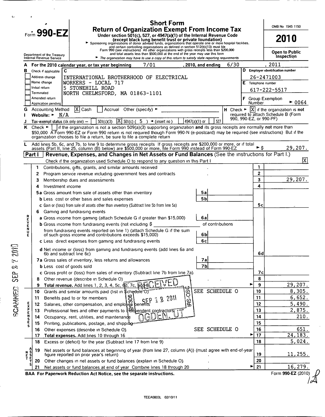 Image of first page of 2010 Form 990EO for International Brotherhood of Electrical Workers - 717 Local Union
