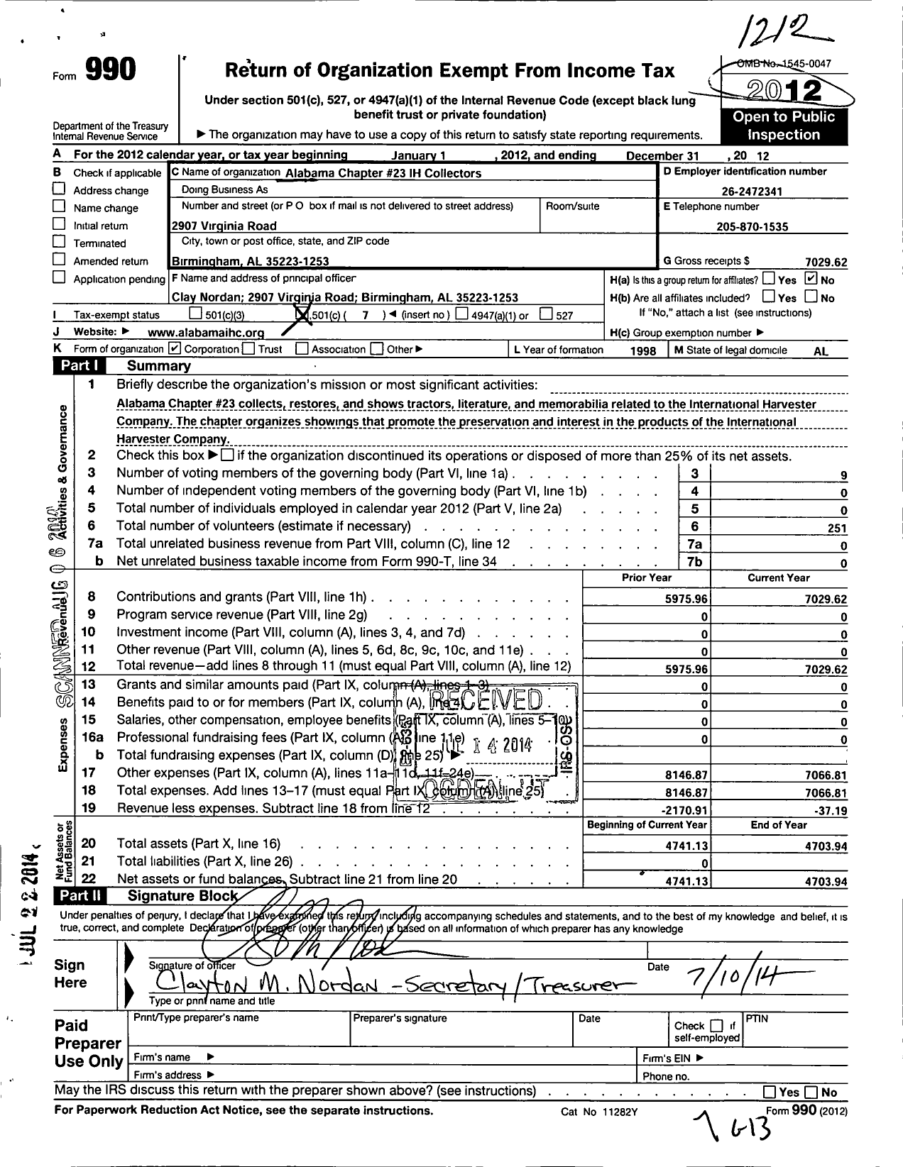 Image of first page of 2012 Form 990O for Alabama Chapter 23 Ih Collectors