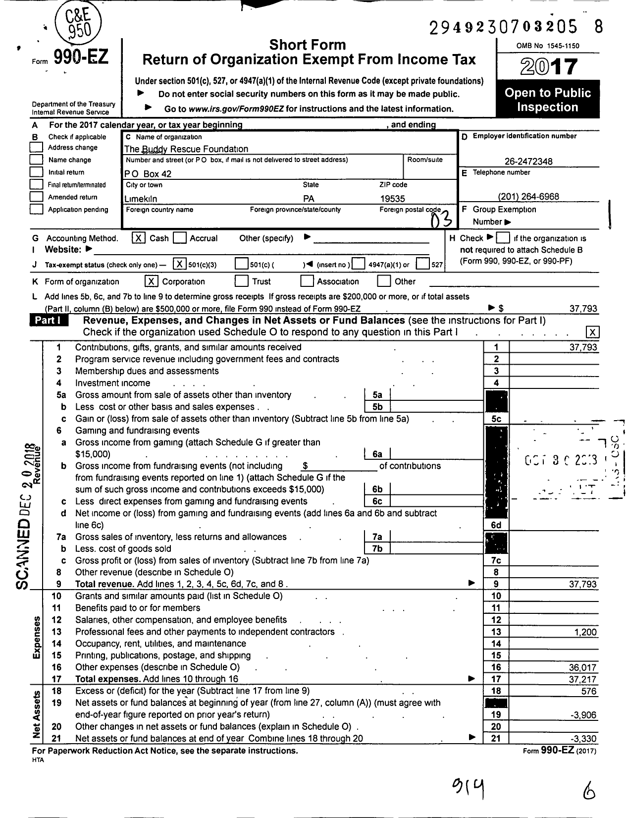 Image of first page of 2017 Form 990EZ for The Buddy Rescue Foundation