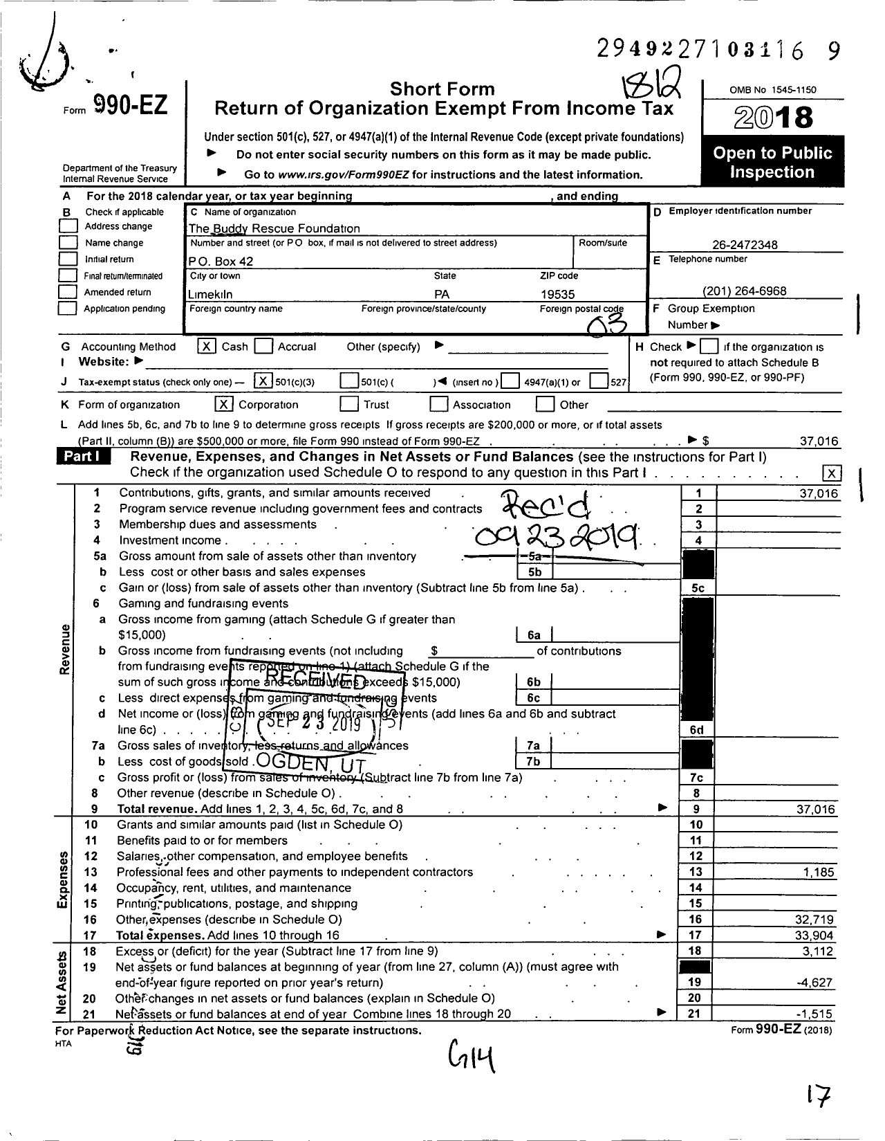 Image of first page of 2018 Form 990EZ for The Buddy Rescue Foundation
