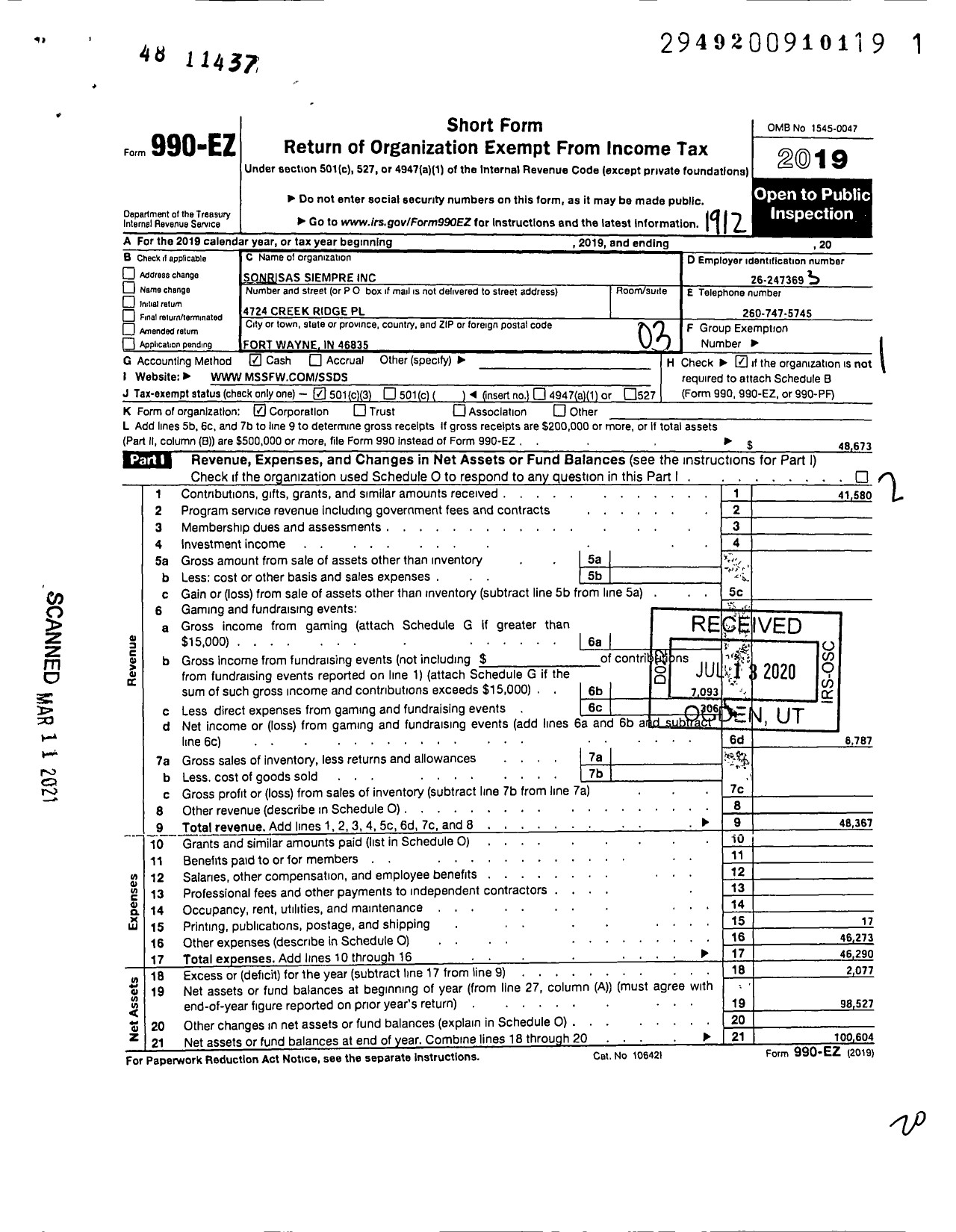 Image of first page of 2019 Form 990EZ for Sonrisas Siempre