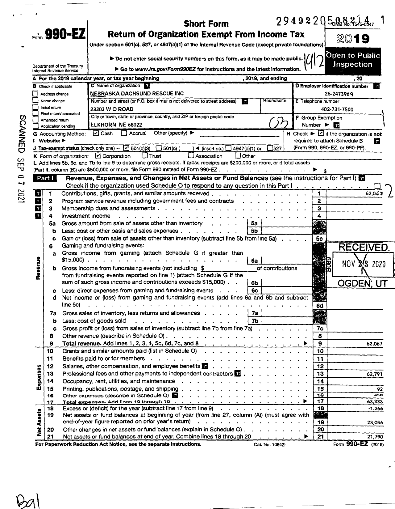 Image of first page of 2019 Form 990EZ for Nebraska Dachshund Rescue