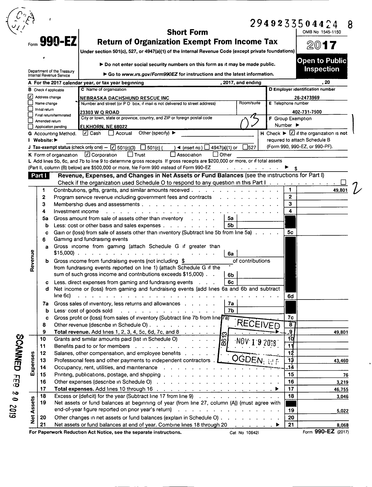 Image of first page of 2017 Form 990EZ for Nebraska Dachshund Rescue