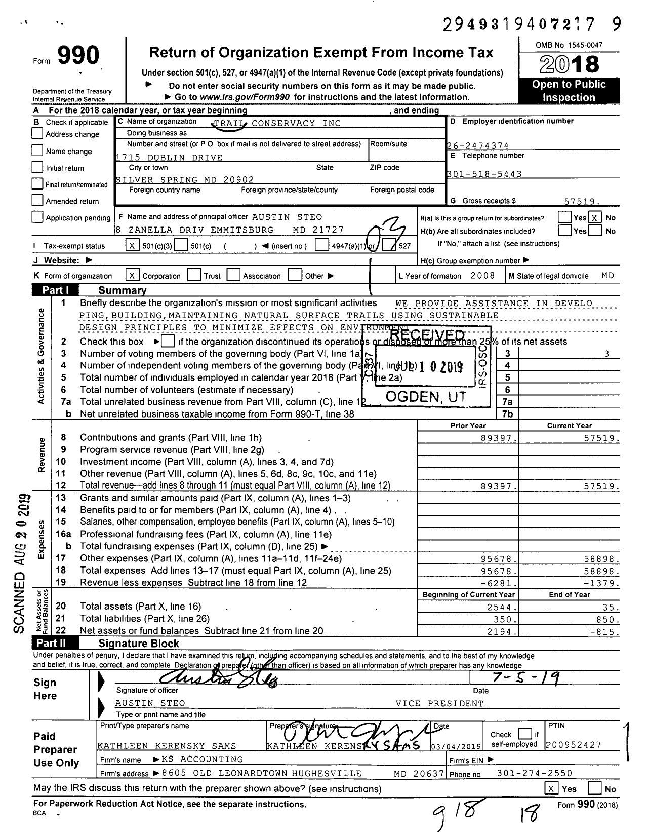 Image of first page of 2018 Form 990 for Trail Conservancy