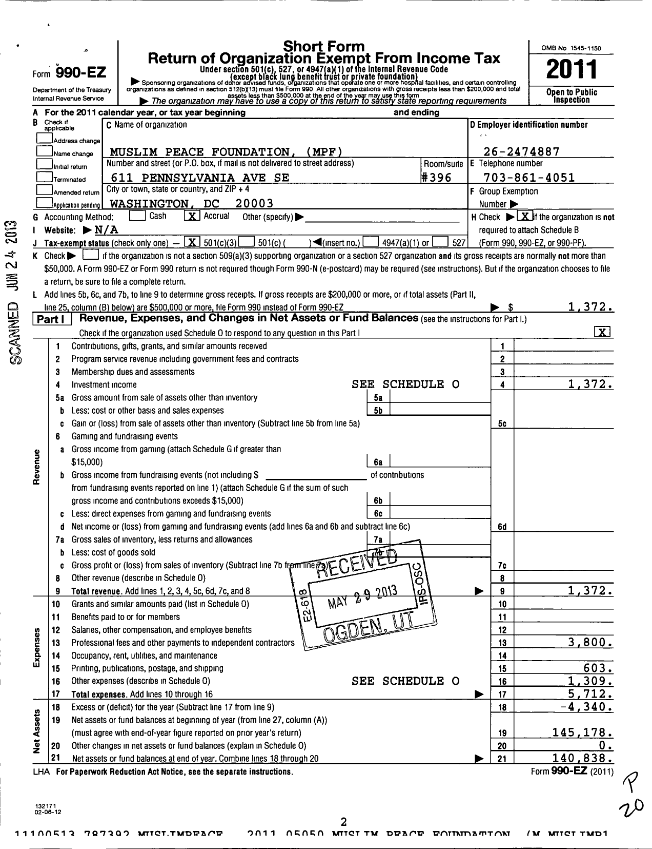 Image of first page of 2011 Form 990EZ for Muslim Peace Foundation (MPF)