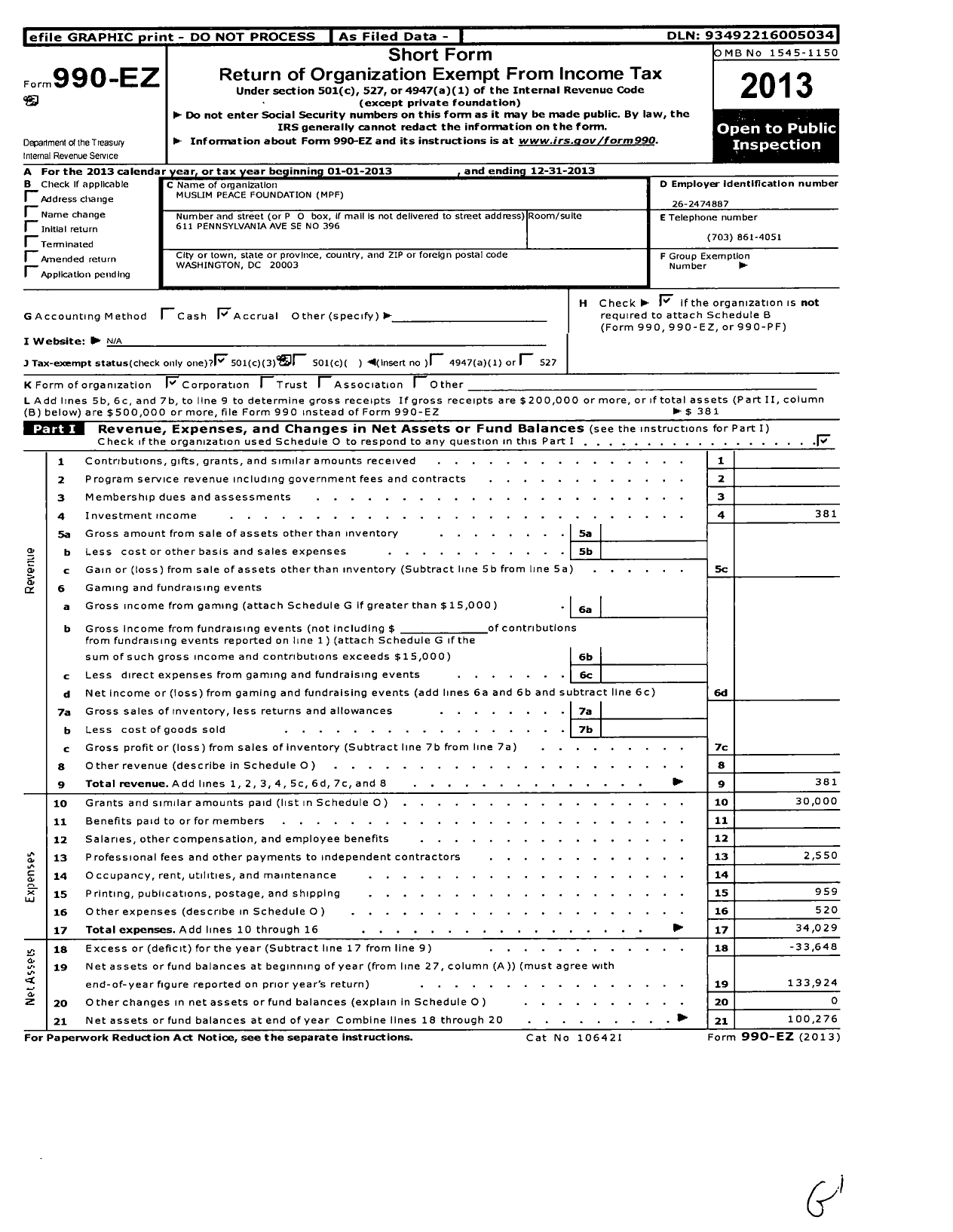 Image of first page of 2013 Form 990EZ for Muslim Peace Foundation (MPF)