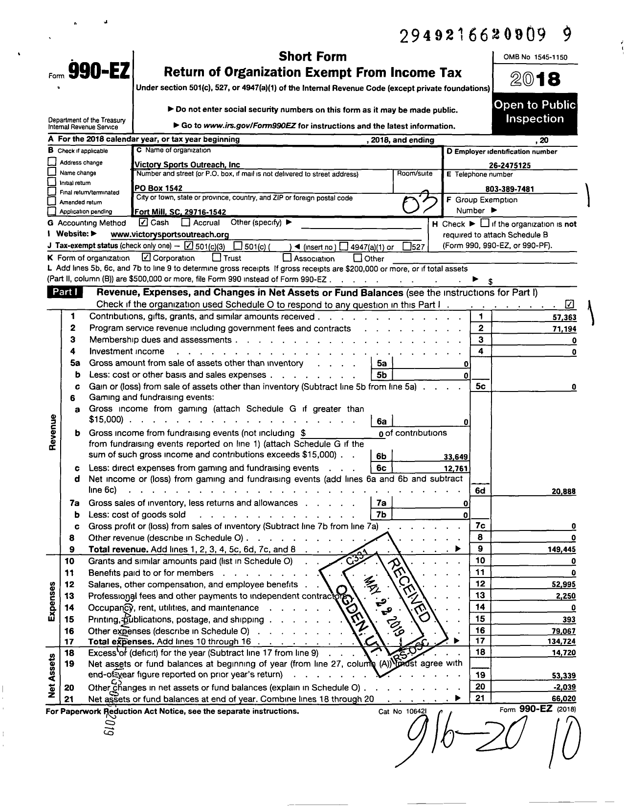 Image of first page of 2018 Form 990EZ for Victory Sports Outreach