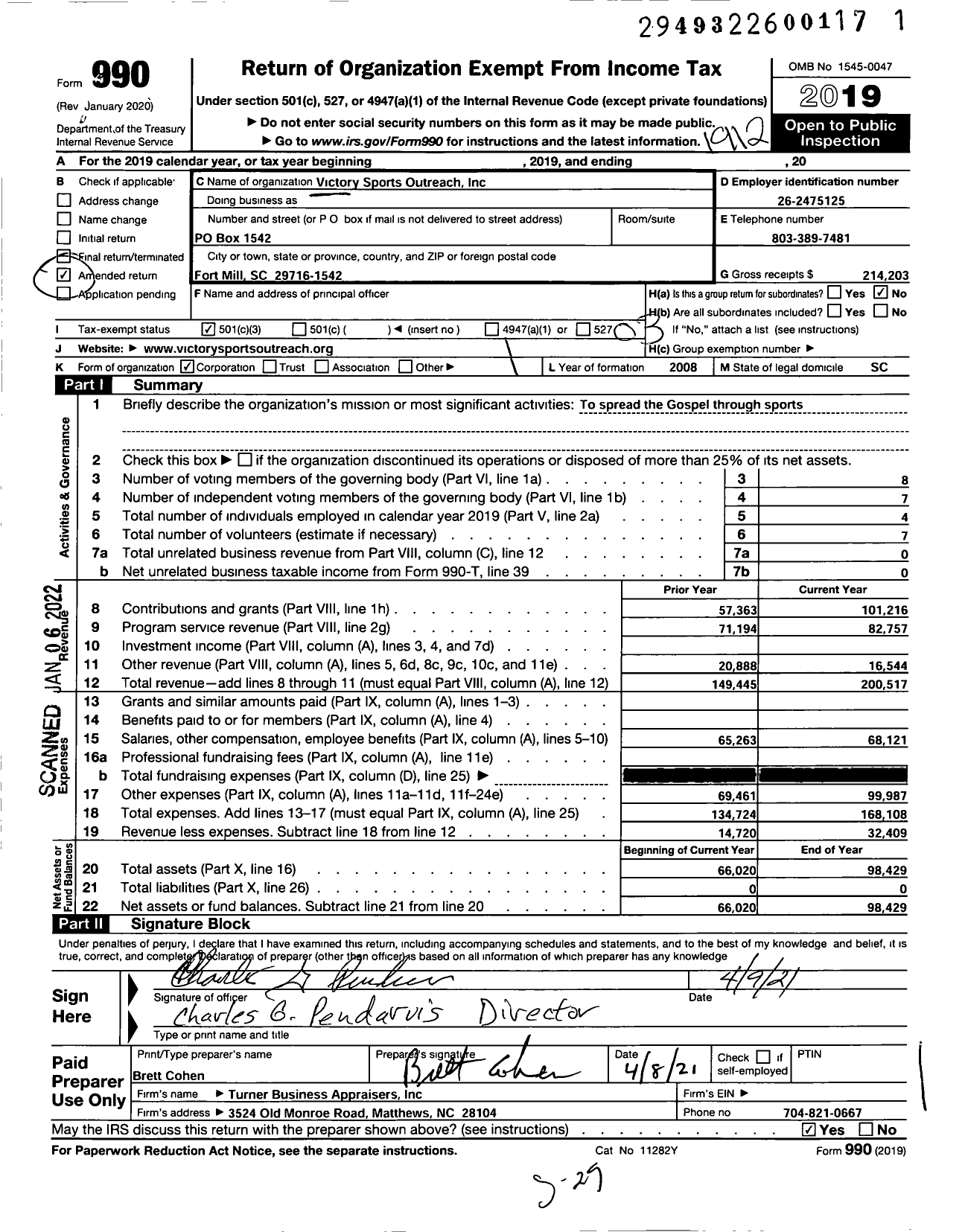 Image of first page of 2019 Form 990 for Victory Sports Outreach