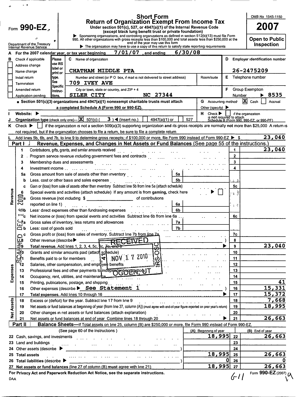 Image of first page of 2007 Form 990EZ for North Carolina PTA - Chatham Middle School PTA