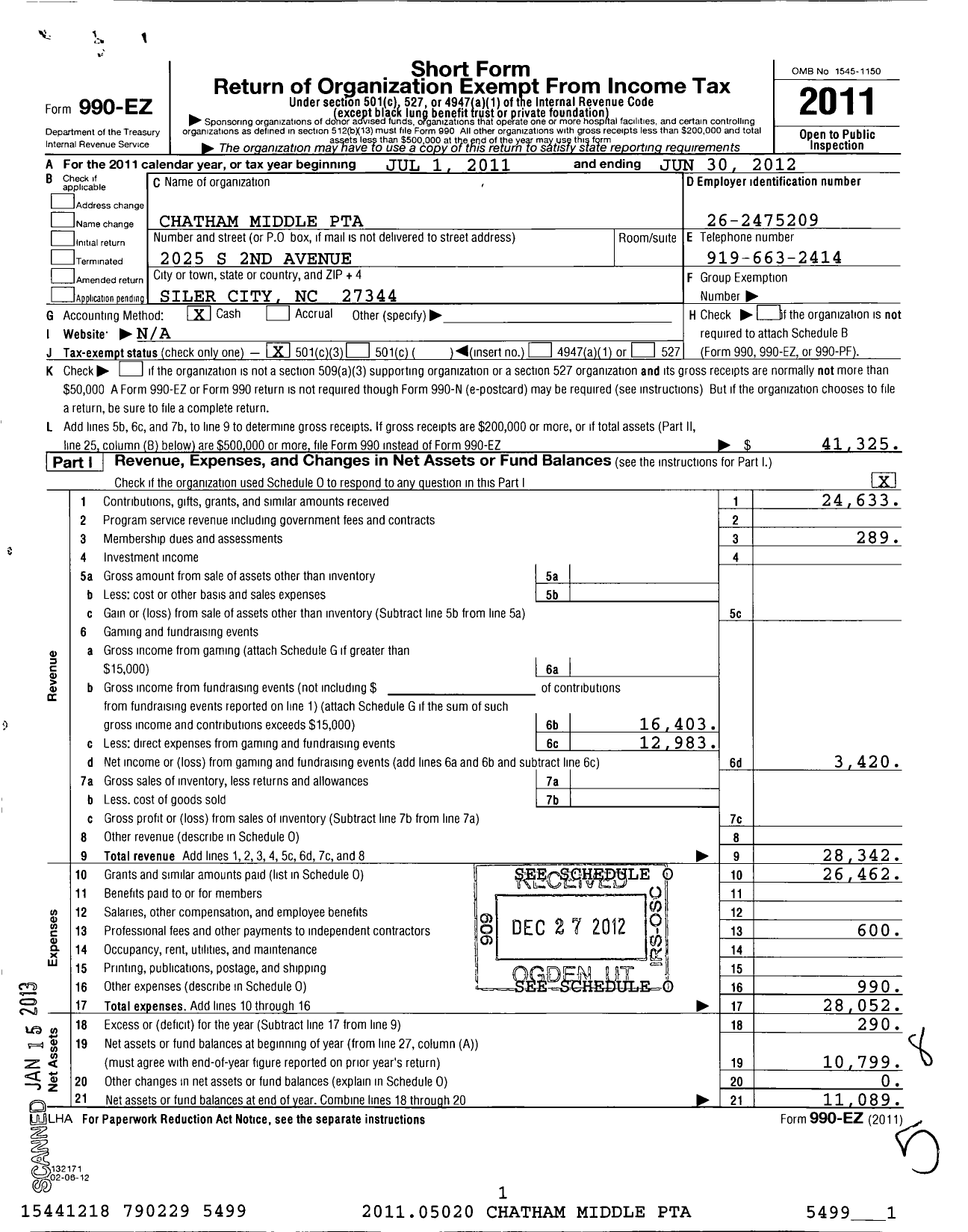 Image of first page of 2011 Form 990EZ for North Carolina PTA - Chatham Middle School PTA
