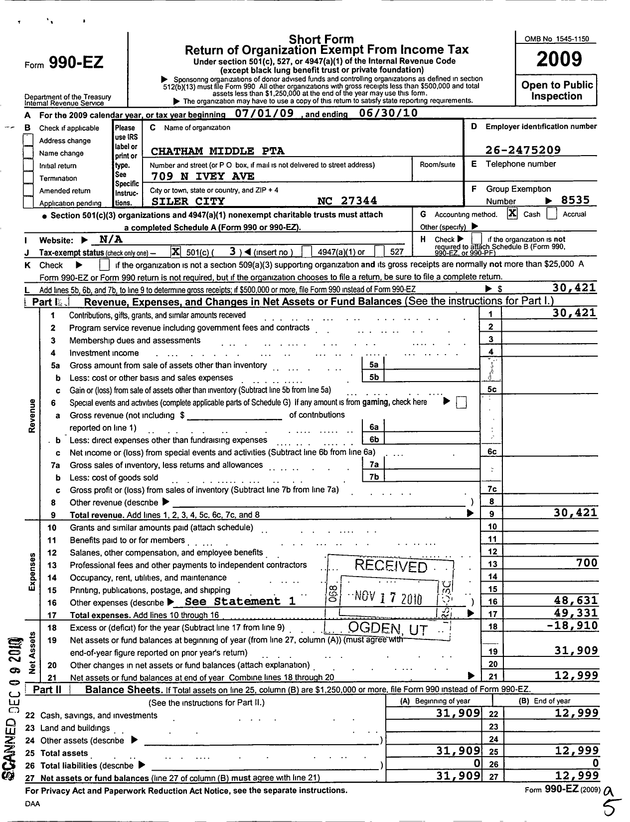 Image of first page of 2009 Form 990EZ for North Carolina PTA - Chatham Middle School PTA