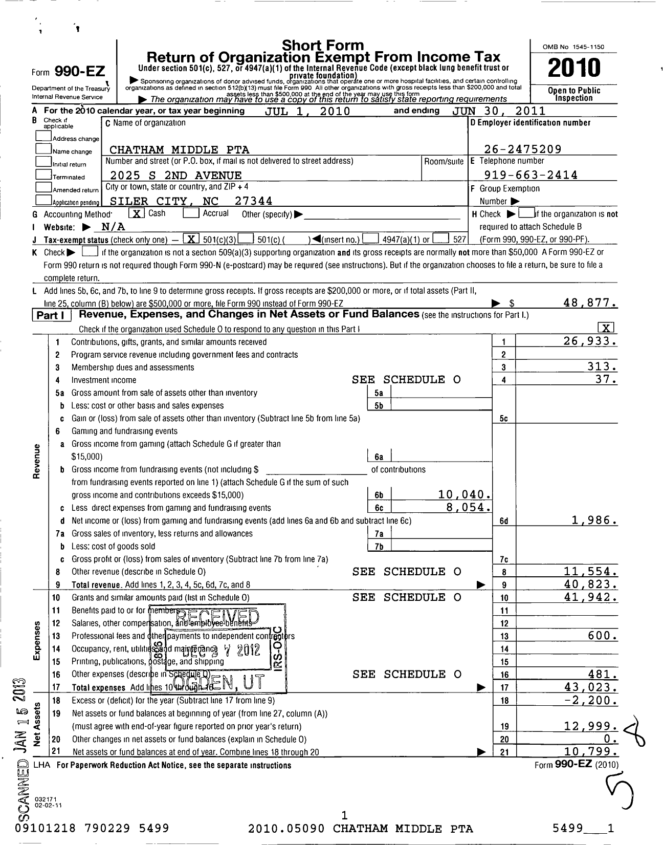 Image of first page of 2010 Form 990EZ for North Carolina PTA - Chatham Middle School PTA