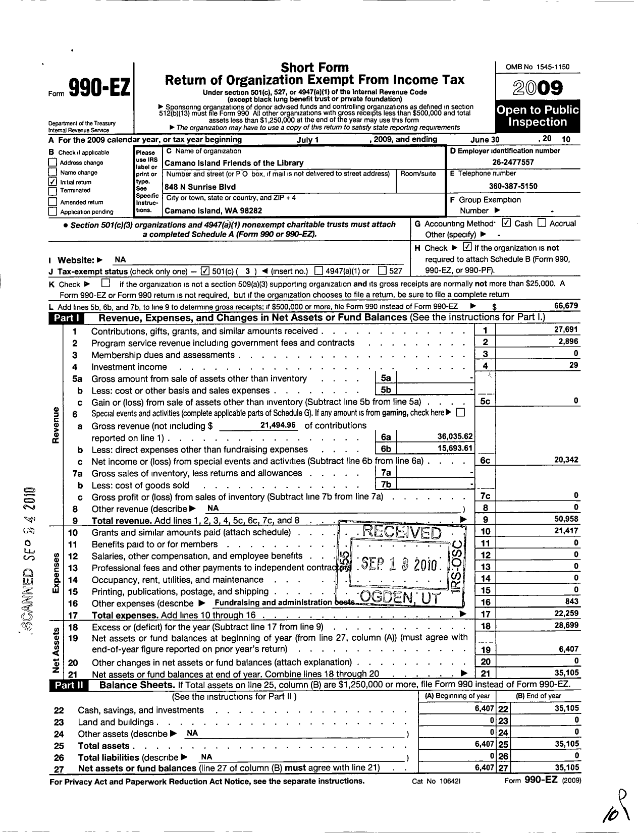 Image of first page of 2009 Form 990EZ for Camano Island Friends of the Library